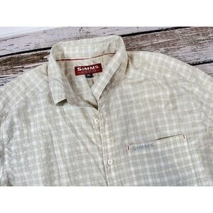 Simms Mens XL Beige L/S Plaid Button‎ Down Fishing Shirt Nylon Lightweight